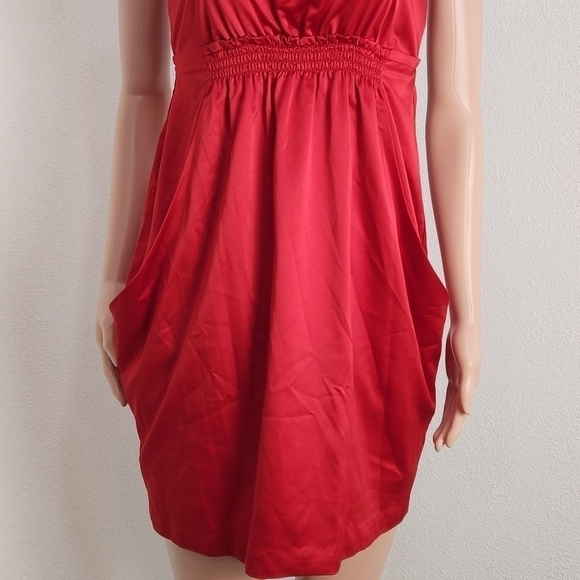 BCBG Red Mini Satin Pockets Empire Waist Thick Strap Dress Sz S - Picture 3 of 12